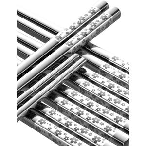 FOFAYU 5 Pairs Metal Chopsticks Reusable 18/8 stainless steel Chopsticks Japanese Style Dishwasher Safe Lightweight Non-Slip Chop Sticks 9 1/4 Inches Present Set