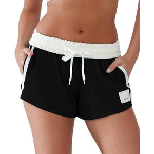 Comfy Sweat Shorts for Women Cotton Fold-Over Waistband Contrast Taping Lounge Casual Athletic Workout Shorts (Medium, Black)
