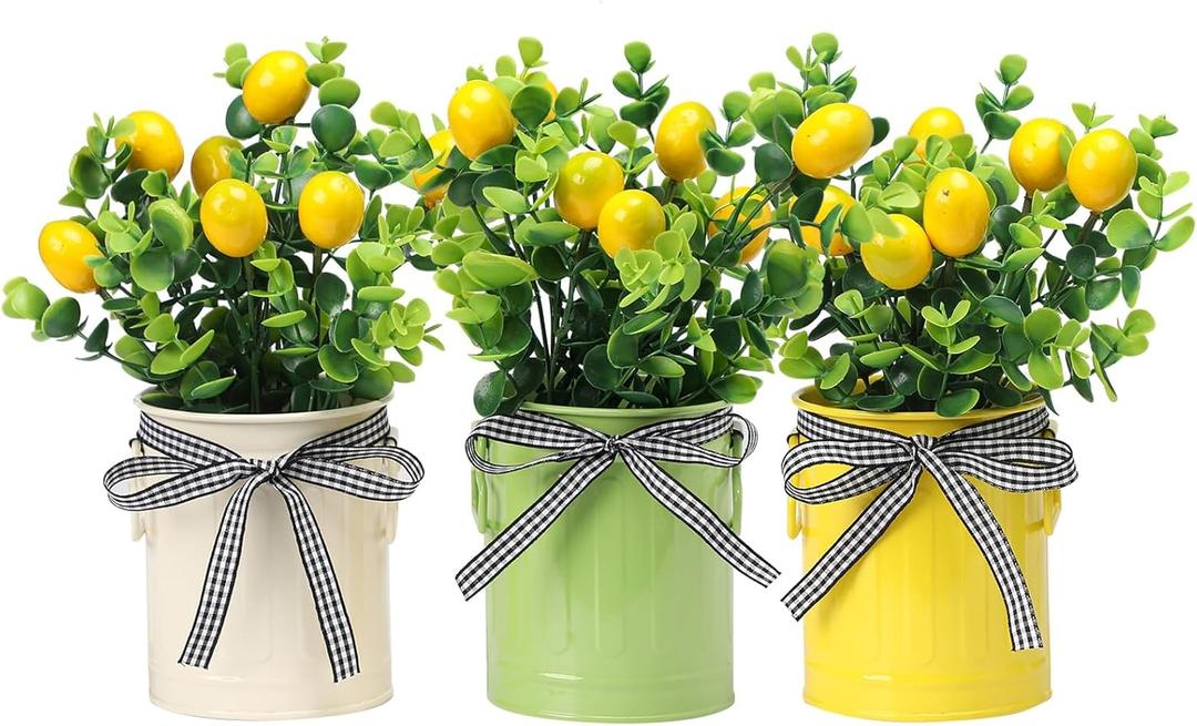 3 Pack Spring Lemon Decor for Kitchen, Artificial Lemons Branches with Colorful Metal Pots, Spring Summer Farmhouse Greenery Decoration for Home Kitchen Living Room