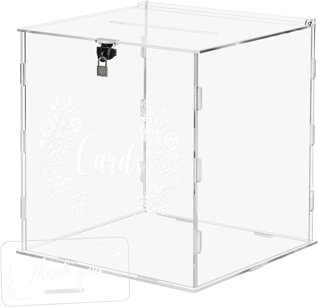 Clear Wedding Card Box with Lock, Acrylic Gift Card Box for Wedding Reception, Money Post Gift Boxes Holder with Lock and Thank You Sign for Party Reception Anniversary Bridal Baby Shower Decorations