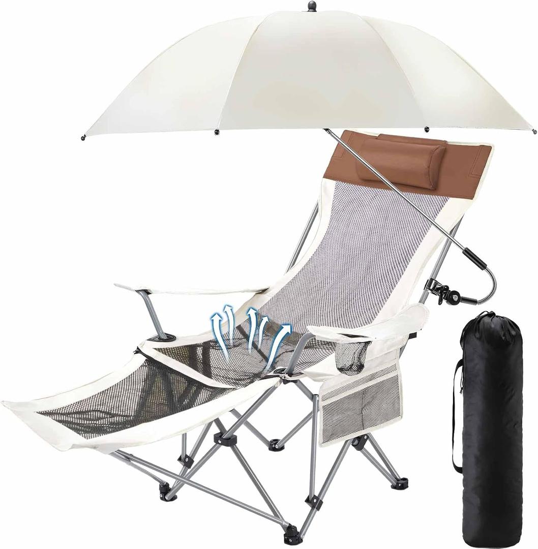 Yuntau Single Reclining Camping Chair with Removable Umbrella Folding Camp Chair for Outdoor(White)