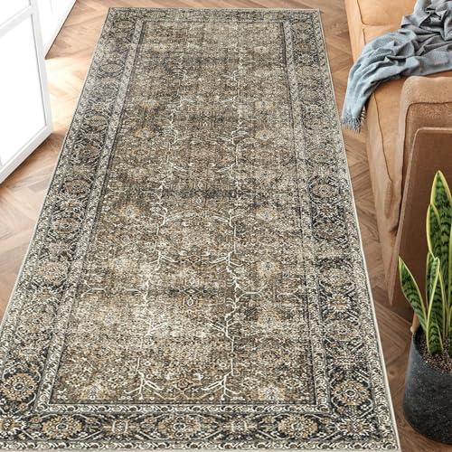 PureCozy Brown Runner Rug 2x5 Vintage Area Carpet Hallway Indoor Kitchen Washable Living Room Low Pile Traditional Distressed Retro Accent Throw Rug Non Slip for Laundry Bathroom Office Dining Room