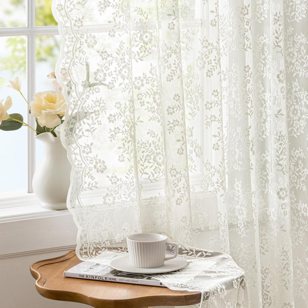 Vintage Lace Curtains 63 Inches Length with Floral and Branch Pattern, Elegant Romantic Sheer Light Filtering Lacy Drapes for Living Room Bedroom, 52 x 63 Inch Ivory, Set of 2 Panels