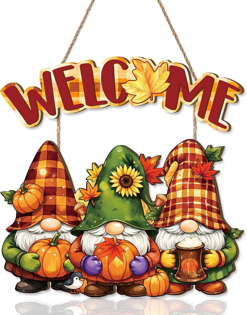 Aurlan Fall Welcome Door Sign,Hello Autumn Gnome Wooden Sign,Rustic Pumpkin Wood Wall Sign,Fall Gnome Wall Decor,Autumn Maple Leaves Door Hanging,Welcome Thanksgiving Decor for Farmhouse Porch Yard Home