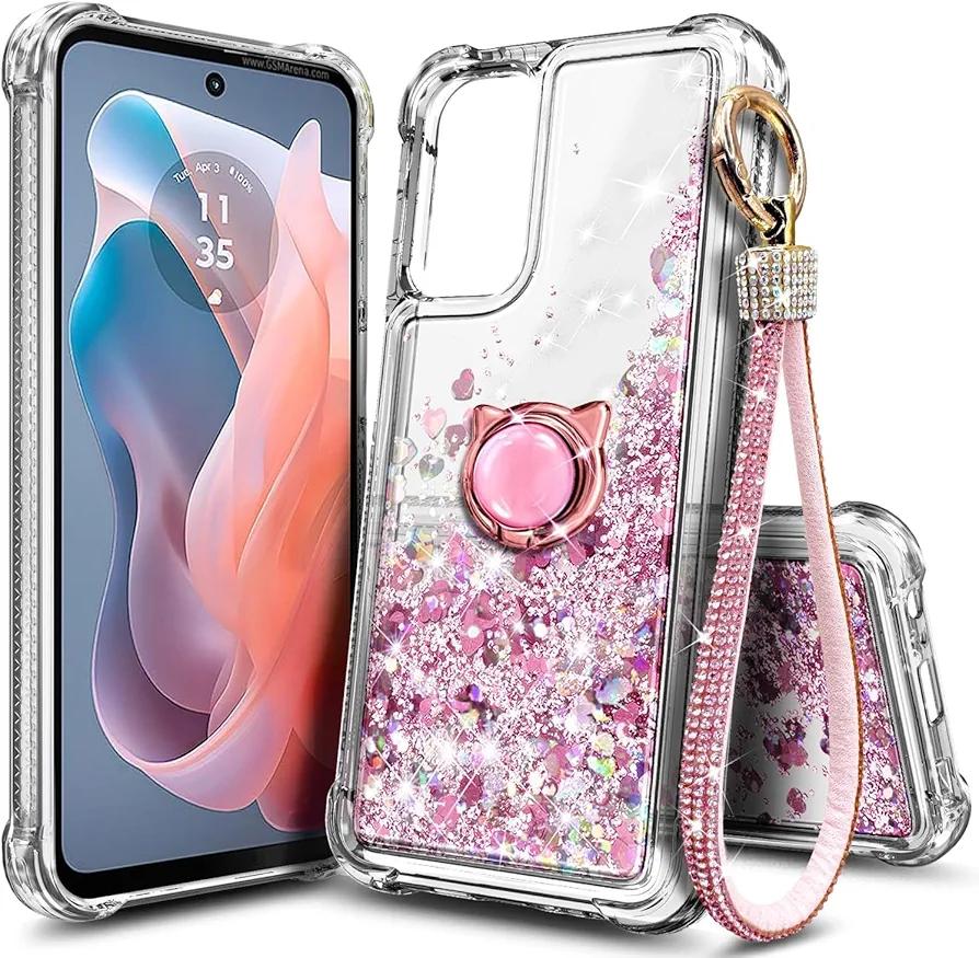 Compatible with Samsung Galaxy A16-5G Phone Case Rose Gold | Bling Sparkly Glitter Floating Liquid Waterfall Cute Cover, Women Girls Kids, Ring Holder Grip Diamond Wrist Strap Lanyard