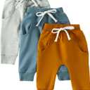 Arvbitana 3-Pack Toddler Boys Girls Pants Stretch Casual Solid Color Pants Elastic Waist Bottom Long Pants (B-Long Pants Blue-Brown-Grey,2-3T)