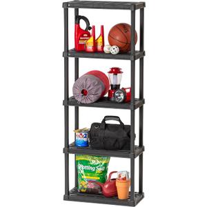 IRIS USA 5-Shelf Light Duty Plastic Storage Shelves, 250lb Capacity, 64"H x 24"W x 12"D, Medium Modular Shelving Unit Storage Organizer for Garage, Home, Bathroom & Laundry, Storage Rack - Black