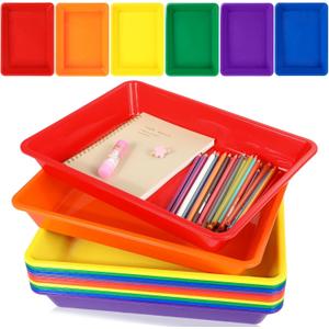 12 Pack Letter Size Flat Storage Paper Tray Organizer Bin Tray Plastic Stackable File Organizer for Classroom Library School Office Teacher Desktop Book Organization (Rainbow)