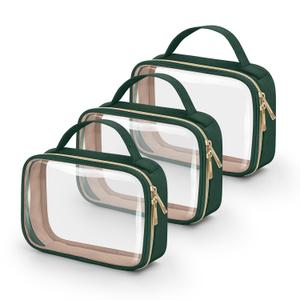 Wedama TSA Approved Toiletry Bag, Pack of 3Clear Makeup Bags with Handles, Quart Size Clear Toiletry Bags, PVC Cosmetic Bags for Women and Men, Carry on Airport Airlin (Dark Green Medium)