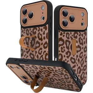 KANGHAR Compatible with iPhone 17 Pro Case Brown Leopard Print Pattern Cute Cheetah Wristband Stand Phone Cover for Women Girls Men Shockproof Slim Protective Cover 17 Pro 6.1 Inch