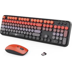 Wireless Keyboard and Mouse Combo, 104 Round Keys Cute Colorful Keyboard and Mouse with Retro Typewriter for PC Mac Laptop Tablet Computer Windows, Black/Red