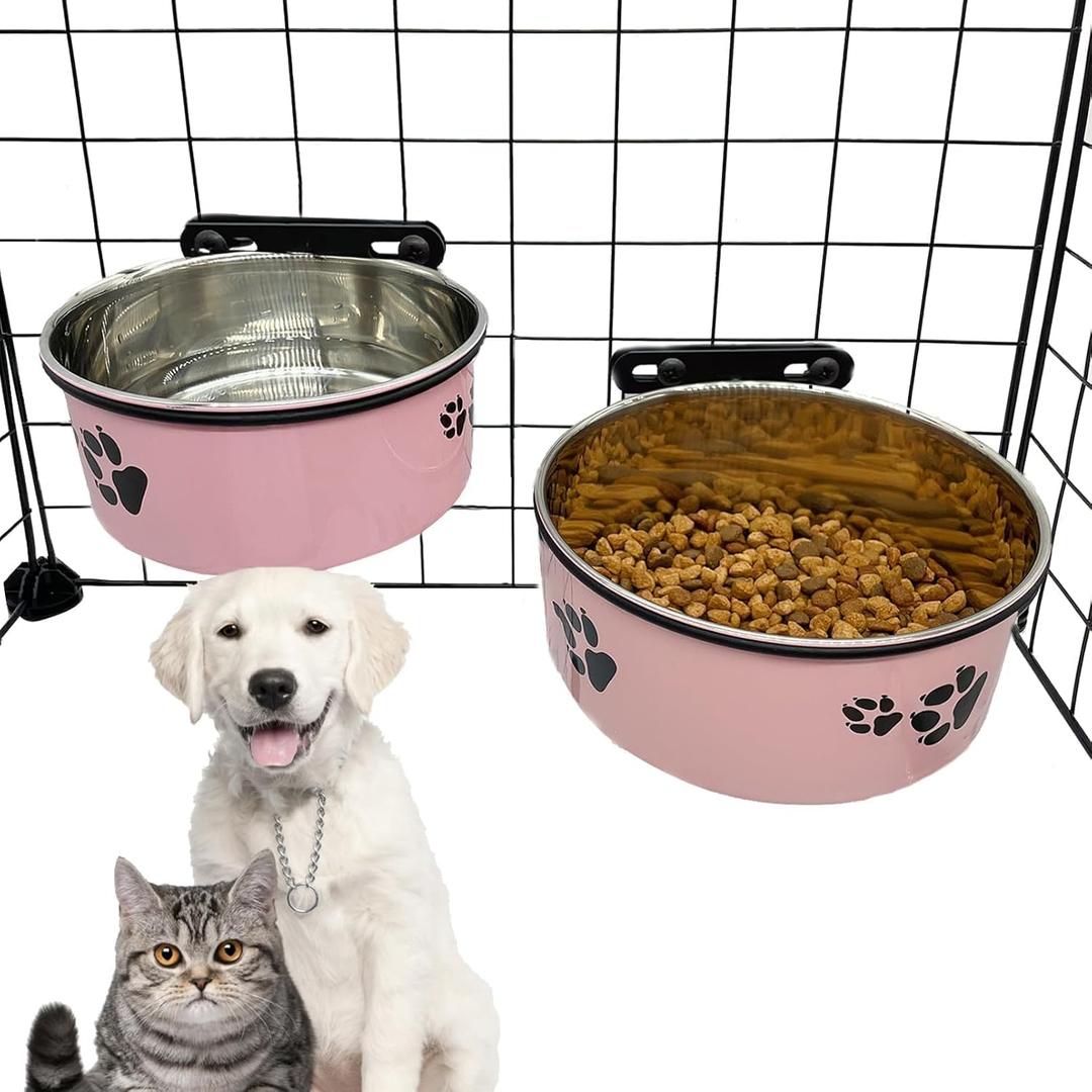 Dog Crate Food and Water Bowl 2Pcs Small Pet Hanging Kennel Removable Dish Feeding Cup No Spill with Holder for Medium Large Size Cat Puppy (Pink, 5.5''X2.3''&6.3X2.5'')