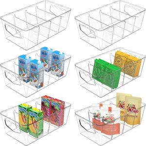 SPACEKEEPER Storage Organizer Bins 6 Pack Clear Pantry Organization Containers with Removable Dividers, Plastic Stackable Bins for Cabinet, Kitchen, Fridge, Countertops