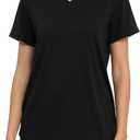 PRIMODA Womens Loose Fit Shirts Casual Short Sleeve Summer Flowy Tunic Tops Plain Long T Shirts (XX-Large, Black)