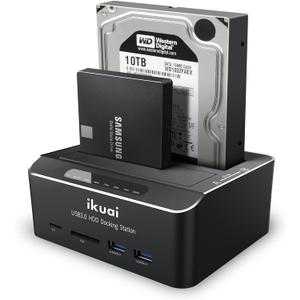 SATA to USB 3.0 Dual Bay Hard Drive Dock for 2.5"/3.5" SATA HDD SSD with Micro SD Card Reader 2 USB 3.0 Port, Offline Clone Function External Hard Drive Docking Station, 2X20TB and UASP Support