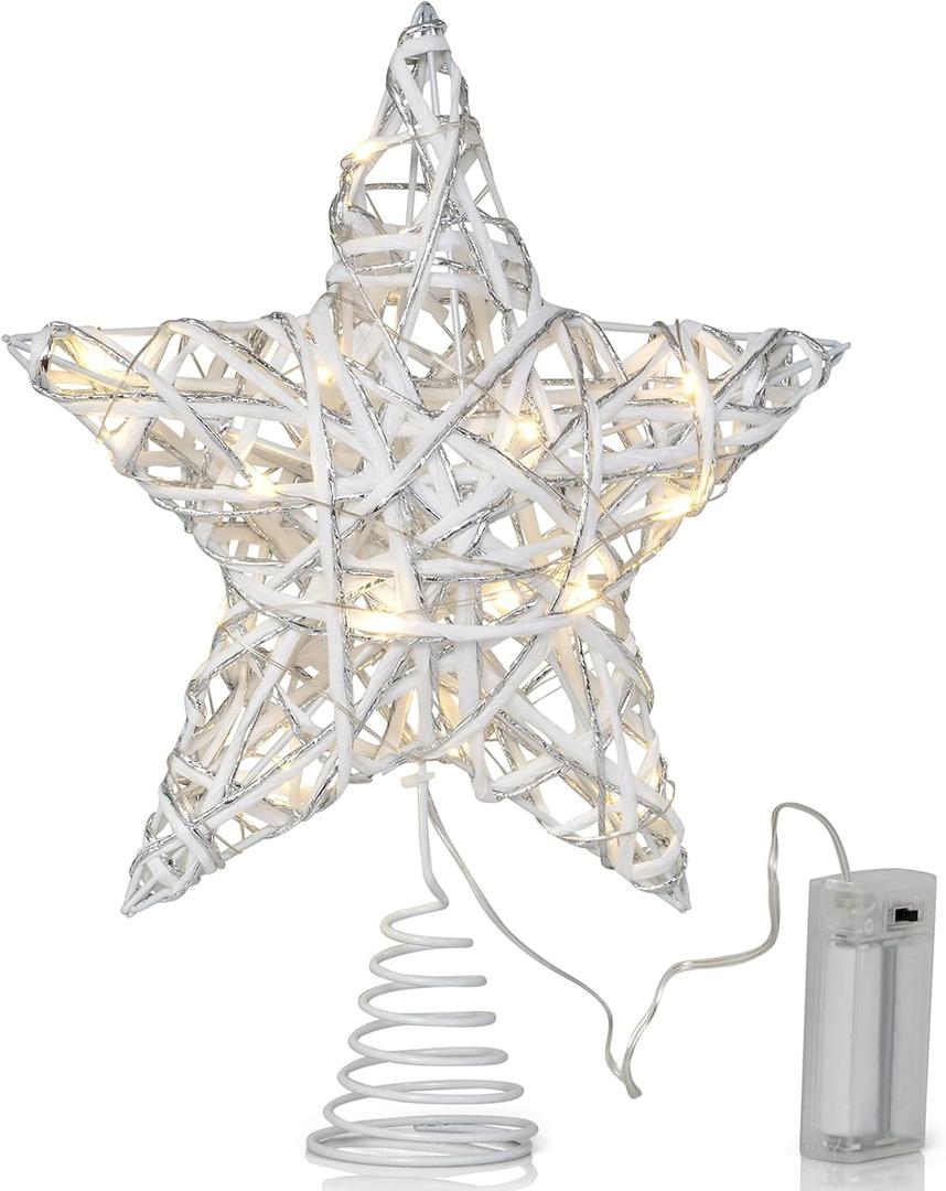 Ornativity Christmas Star Rattan Tree Topper  White and Silver Xmas Holiday Decor Rustic LED Lights Light Up Tree Top Topper Ornament Decoration 12"