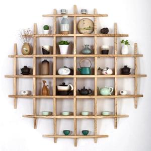 Solid Wood Chinese Tea Cup Holder, Wall Mug Display Rack, Round Framed Cup Display Shelf for Living Room Kitchen Office (Wood Color, 39x39)