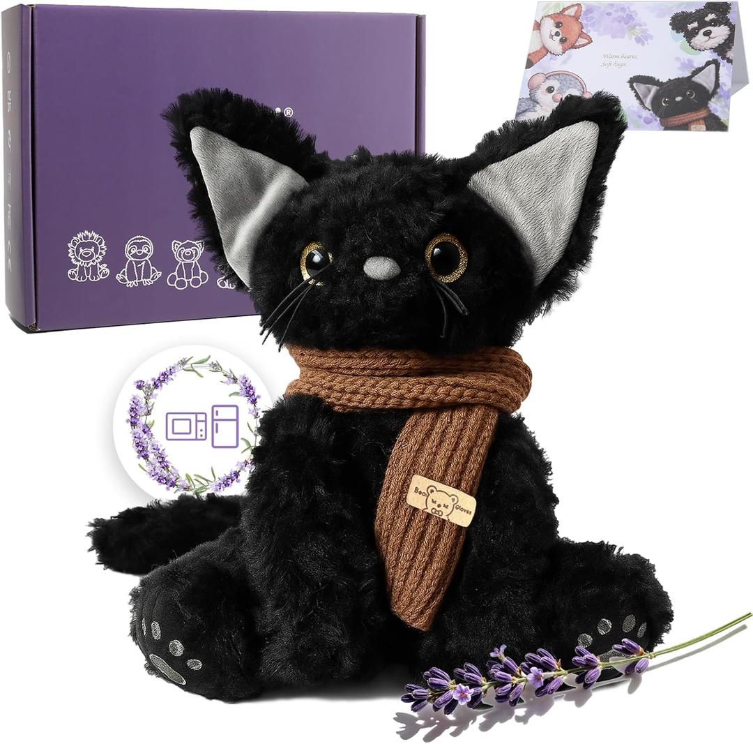 KOWSI Microwavable Heating Pad Black Cat Plush - Weighted Stuffed Animal Toy with Tourmaline Beads & Lavender - 1 lb for Long Lasting Cozy Warmth & Relaxation - Includes Gift Box & Greeting Card