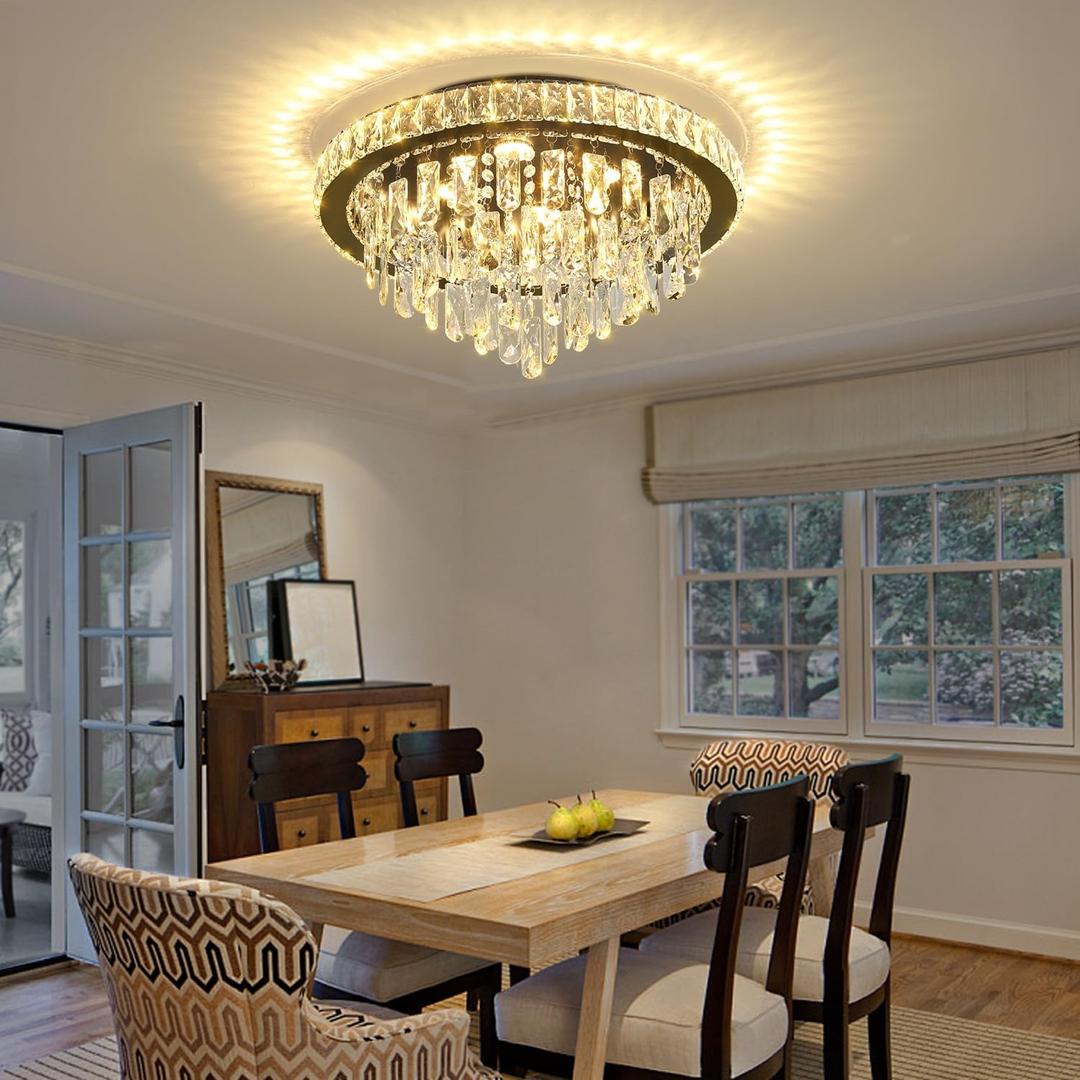 Dia 20" Modem Crystal Chandelier Black Bedroom Chandelier LED Dimmable Raindrop Crystal Chandeliers Flush Mount Ceiling Light for Foyer Living Room Dining Room