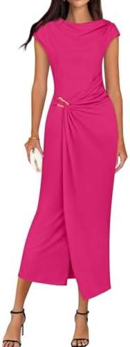 ZESICA Women's 2025 Summer Mock Neck Casual Bodycon Dress Cap Sleeve Elegant Cocktail Party Long Midi Dresses, M