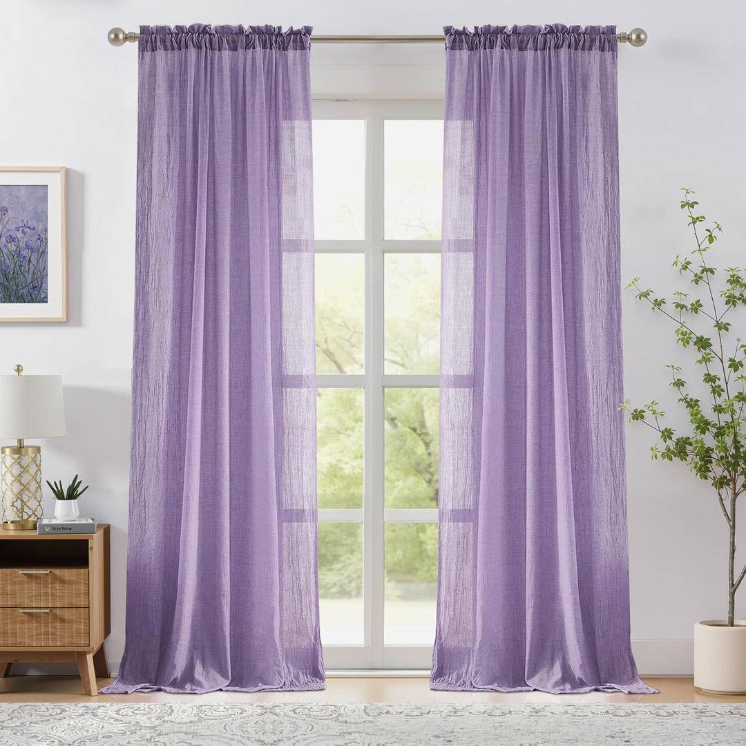 Melodieux Purple Sheer Curtains 84 Inches Long for Bedroom Living Room Natural Cotton Linen Light Filtering Window Sheers, Rustic Rod Pocket Lightweight Voile Curtain Drapes, 52" W x 84" L, 2 Panels
