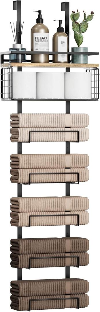 Aetyord Towel Racks for Bathroom Over The Door Towel Racks Towel Storage Organizer with Metal Shelf Basket for Bathroom Rv Camper (7-Tier Black with Wood Plank)