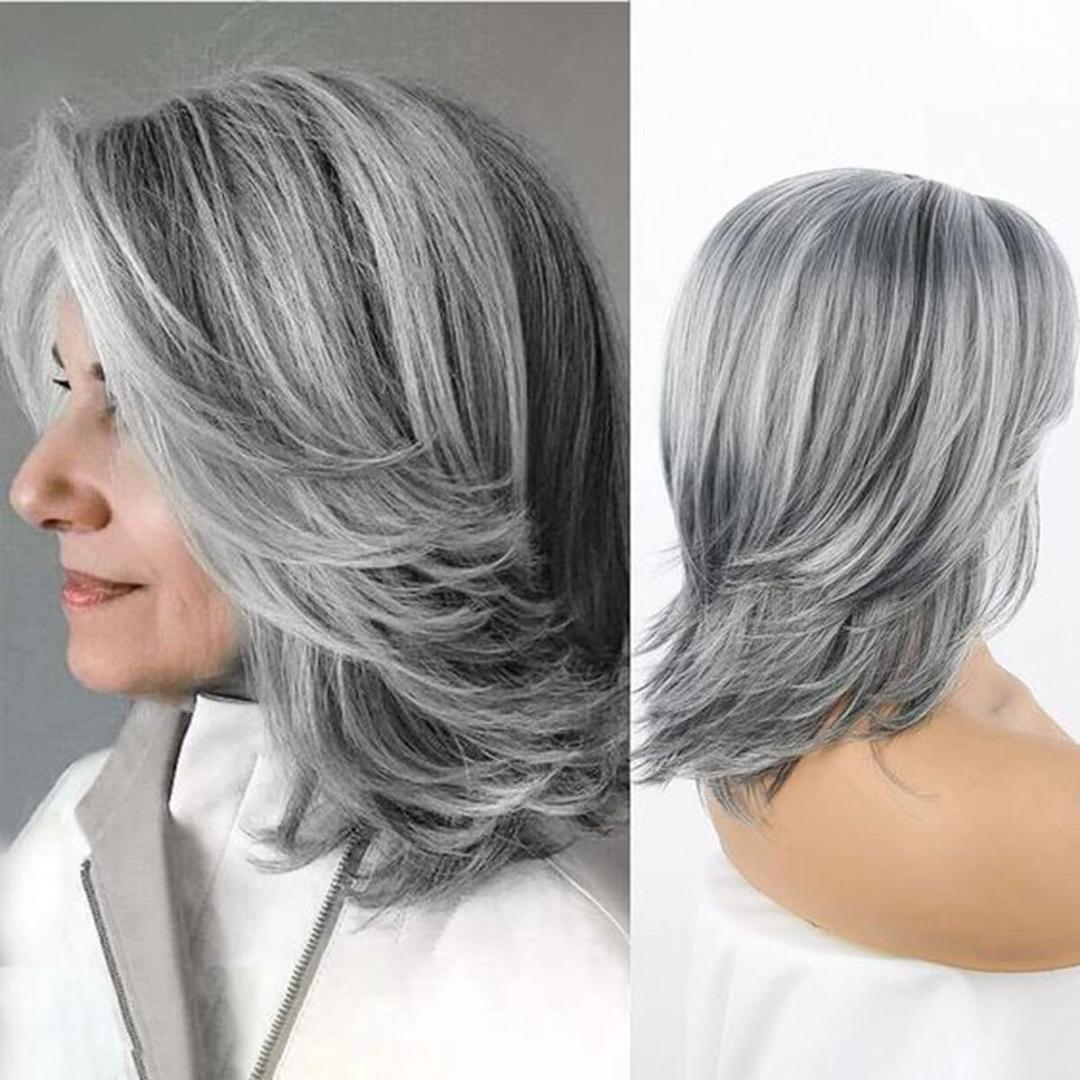 Grey Layered Wig Mixed Grey Natural Wavy Hair Wig for Women shoulder Length Synthetic Heat Resistant Wigs for Women