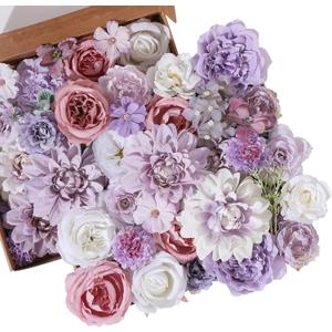 Floweroyal 2 Layers Artificial Flowers Combo Purple Flowers Mix Silk Flowers Dahlia Roses with Stems for Wedding Bridal Bouquets, Baby Shower, Floral Arrangement, Table Centerpieces (Full)