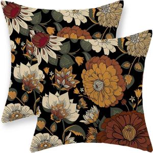 Spring Summer Pillow Covers 18x18 Inch Set of 2, Vintage Boho Floral Throw Pillows Botanical Tropical Leaves Pillowcase Bohemian Outdoor Decorative Linen Black Cushion Case for Couch Home Decor