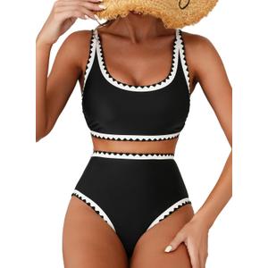 Herseas Women's Bikini Sets Floral Print Whip Stitch 2 Piece Swimsuits High Waisted Scoop Bathing Suits (X-Large, Black)