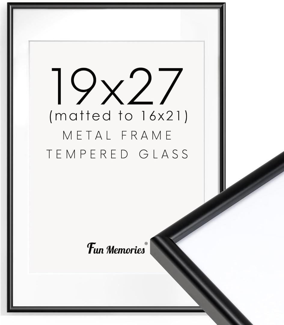 Fun Memories 19x27 Picture Frame Black, Aluminum Frames 19 x 27 for Wall, Modern 19 by 27 Poster Frames for Home Decor, 19x27 Frame with Mat for 16x21, 19 x 27 Frame with Real Glass (19x27-1P | HD Tempered Glass)