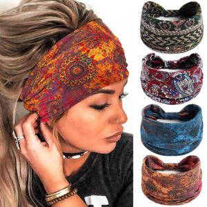 Olbye Wide Boho Headbands Floral Stretch Head Wraps Bohemian African Turban Hairbands Knotted Bandana Headband Yoga Running Head Scarfs Workout Hair Accessories for Women 4Pcs (Boho, 9.4 * 5.9'') (1 Count (Pack of 4))