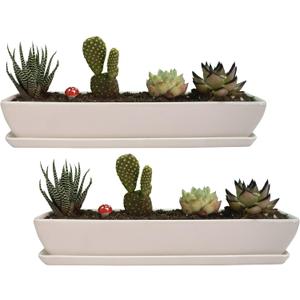 11.1 inch Long Rectangle White Ceramic Succulent Planter Pots with Ceramic Saucers/Mini Flower Plant Containers wPlant Window Boxes for Office/Home, (2 pcs Rectangle Pot)