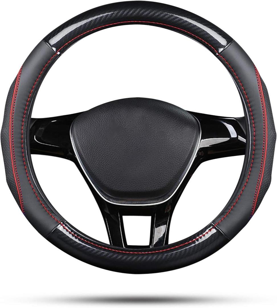 Ergocar Sport Carbon Fiber & First Layer Cowhide Car Steering Wheel Cover Non-Slip Car Steering Wheel Protector Universal for Diameter 38cm(15") (Black-red)