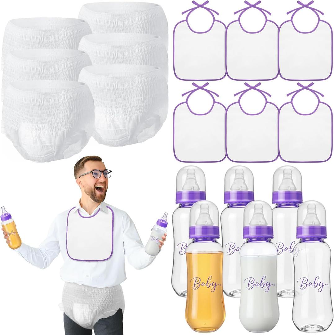 6 Sets Bottle Chug Baby Shower Games Juegos Para Plastic Baby Bottles Bibs Disposable Diapers Gender Reveal Games Baby Changing Diaper Race Game Decoration (Purple)