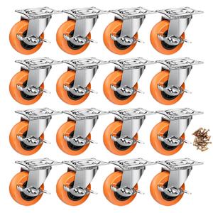 2 Inch Casters, ASHGOOB Caster Wheels with Side Brake, Locking Casters Set of 16, Industrial/Furniture Swivel Plate Caster Wheels for Workbench and Carts, Orange Polyurethane (PU) Castors (16 Pack)