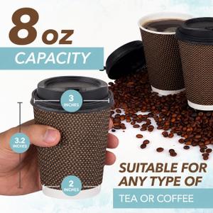 Promora 25 Pack 8 oz Brown Disposable Coffee Cups, Premium Insulated Paper Ripple Cups for Hot Coffee, Paper Coffee Cups