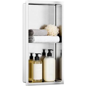 VELPAX No Tile Needed Shower Niche 13"X 25", Bathroom Wall Niche Double Shelves, Stainless Steel Shower Niche for Bathroom, Kitchens, Balconies