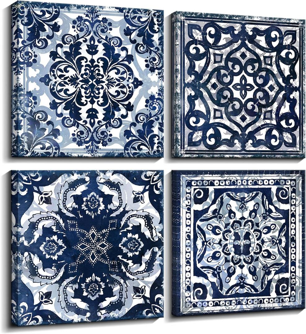 Bedroom Decor Canvas Wall Art Flower Pattern Prints Bathroom Abstract Pictures Modern Navy Framed Wall Decor Artwork for Walls Hang for Bedroom 4 Pieces Wall Decoration Size 14x14 Each Panel, 14144 Inches