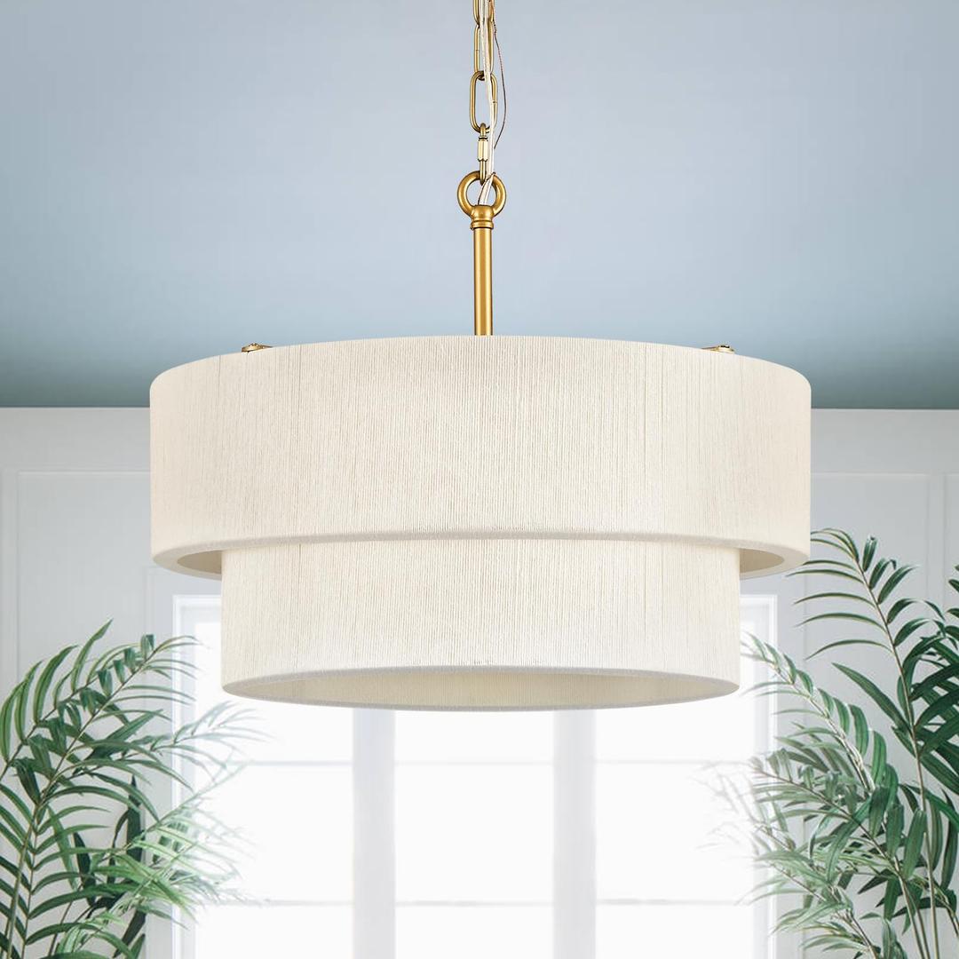 FookChak 24in Hand Woven Chandelier 9 Light Boho White Chandelier Light High Density Weaving Drum Chandelier Light Fixture Gold Chandeliers for Dining Room Foyer Living Room Bedroom, E12