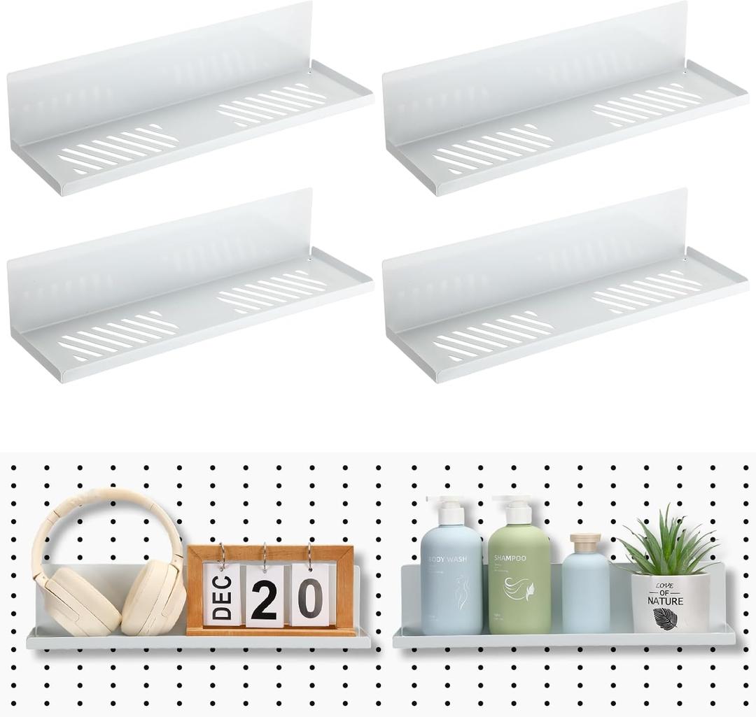 Therwen 4 Pack Magnetic Pegboard Shelves Wall Organizer Metal Pegboard Shelf Steel Tray Accessories Organizing Tools for Craft Home Kitchen (16 x 4.7 x 3.5 Inches,White)