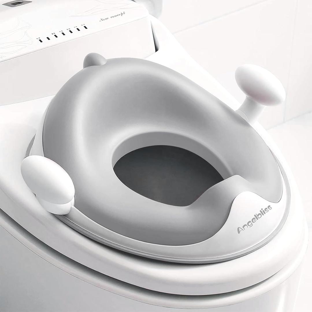 ANGELBLISS Baby Potty Training Toilet Seat with Soft Cushion Handles, Haute Collection, Double Anti-Slip Design and Splash Guard for Boys and Girls (Grey) (Gray)