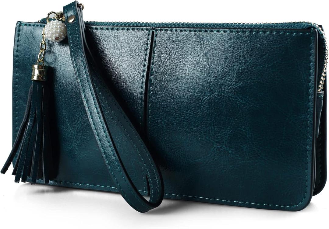 befen Genuine Leather Wristlet Clutch for Women Ultra-Slim Ladies Credit Card Holder Wallet Purses with RFID Protection (Peacock Green)