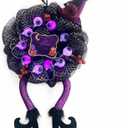 Halloween Wreath With Witch Hat and Legs - Front Door Decor With 30 LED Purple Lights, Light Up Party Decoration (Purple)