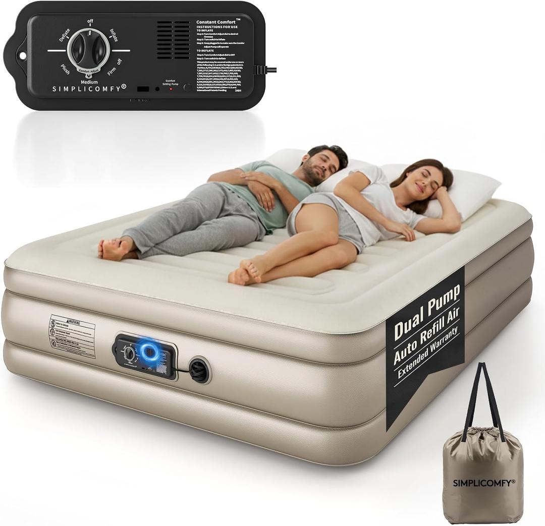 Simpli Comfy Queen Air Mattress with Built-in Patented Constant Comfort Dual Pump, 18" Raised Blow-up Inflatable Mattress, Three Adjustable Firmness Settings, Self-Monitoring Air Retention System