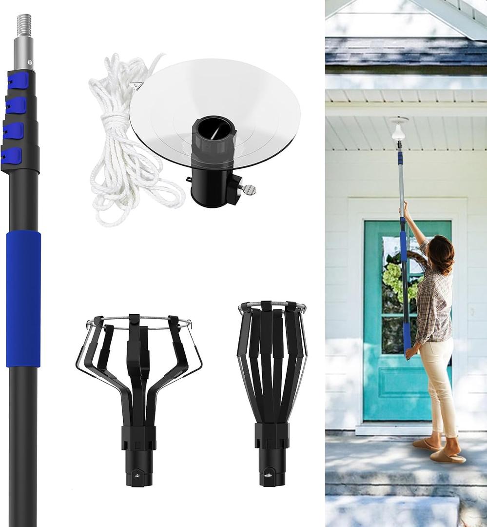 26FT Reach Light Bulb Changer for High Ceilings with Telescopic Extension Pole, 5-20Foot Light Bulb Extension Pole Changer with Baskets and Suction Cup for High Ceilings and Recessed Lights