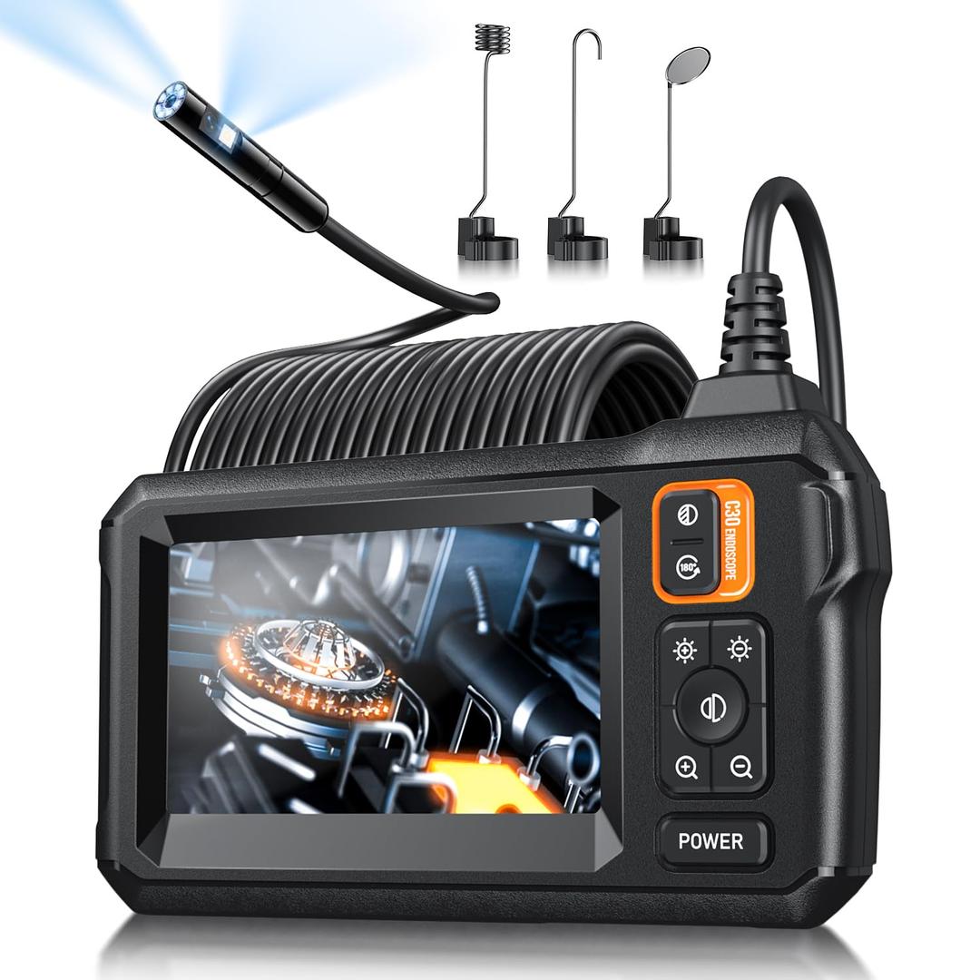 Endoscope Camera with Light, Inspection Borescope Camera with 4.3" IPS Screen, 1920P HD with 8 LED Lights, 32.8FT Semi-Rigid Cord Bore Scope, IP67 Waterproof Endoscope for Sewer, Dual Lens(Orange)