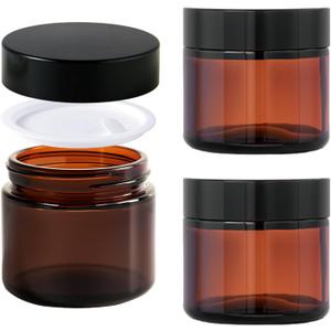2oz Jars with Lids, HOA Kinh 3 Pack Amber Glass Jars with Lids Empty Cosmetic Containers Round Airtight Glass Jar with Black Lid for Storing Lotions Powders Ointments