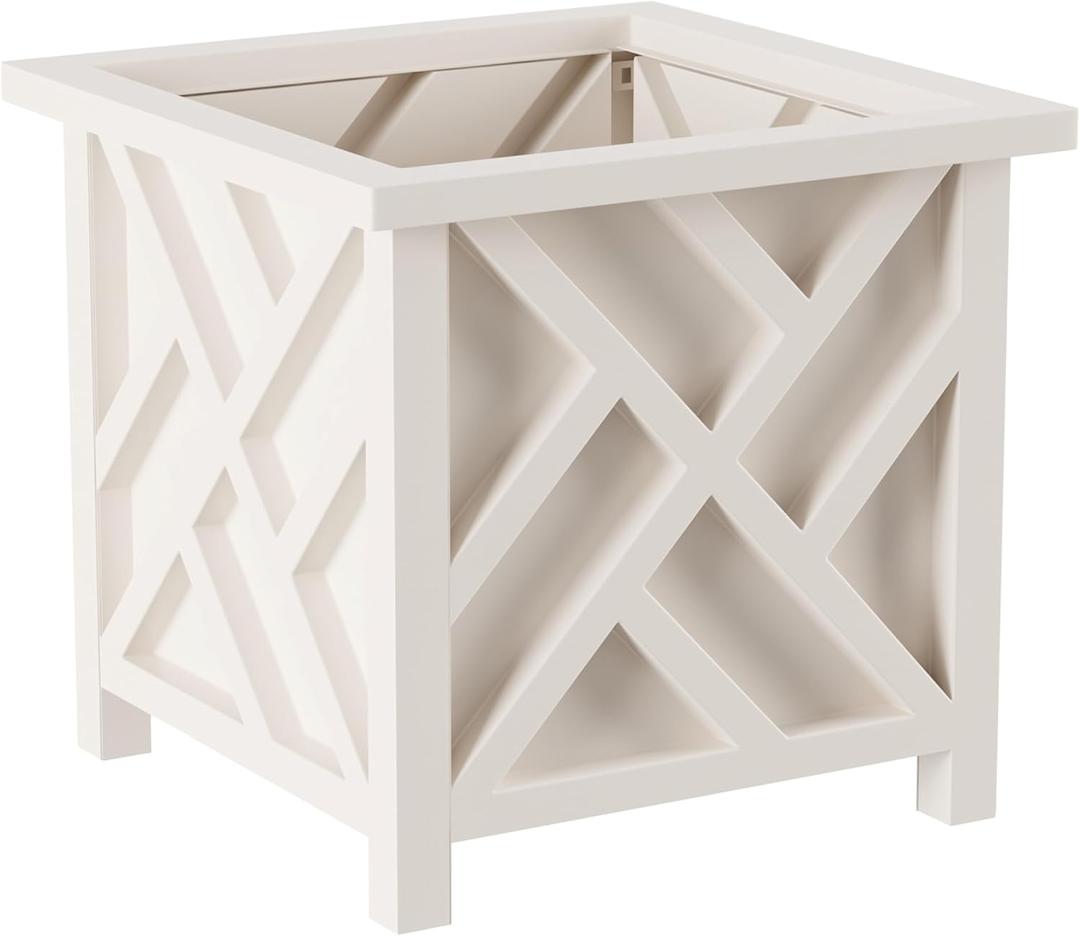 Lattice Design Outdoor Planter Box - 14.75 Square 13 Tall White Plant Pot - Decorative Plant Pots for Front Porch Decor - Flower Pots Outdoor Planters for Porch Patio or Garden Decor by Pure Garden