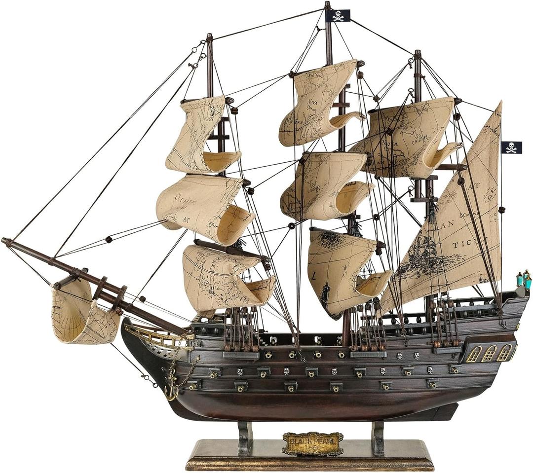 SAILINGSTORY Wooden Pirate Ship Model Black Pearl 20.5" Sea Chart Sails